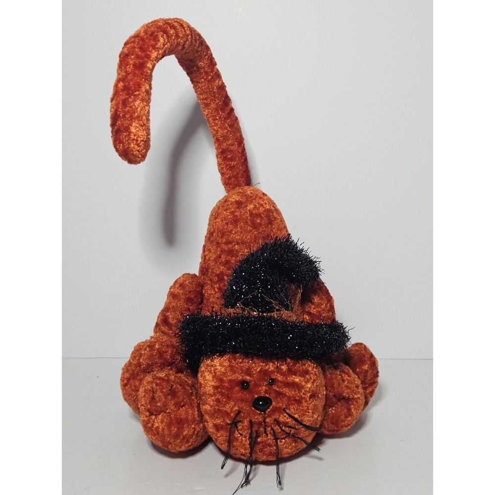 Halloween Orange Witch Cat Plush Black Hat Posable Tail Vintage Emrad Creations